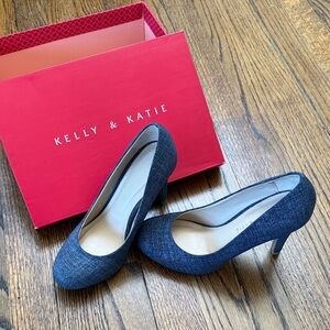 B30 Kelly & Katie Women Larrissa Denim 7 Dark Blue Platform Preppy Heels